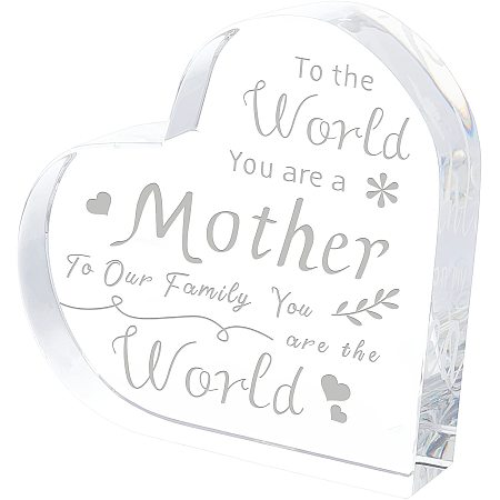 FINGERINSPIRE Heart Shape Crystal Engraved Keepsake and Paperweight, Crystal Glass Gifts, Unique Birthday for Mom - to The World You are a Mother, to Our Family You are The World