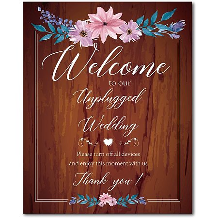 CREATCABIN Wooden Wedding Ceremony Sign Welcome to Our Unplugged Wedding Please Turn Off All Devices and Enjoy This Moment with Us Wood Sign Plaque Hanging Plaque for Memorial Decor 7.8 x 9.8in