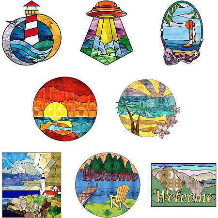 CREATCABIN 8Pcs Landscape Window Stickers Scenery Static Cling Glass Sticker Double-Sided Decals Decor PVC Art for Home Nursery Bedroom Bathroom Glass Door Decorations(Lighthouse Sea Lake Mountains)