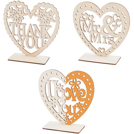 CREATCABIN 3pcs Wooden Table Decorations Unfinished Wood Hanging Ornaments Heart Shape Mr & Mrs Wooden Sign Thank You I Love You Display Stand for Home Decor Wedding Table 5.9inch