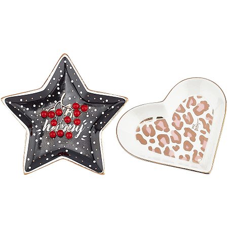 FINGERINSPIRE 2 Pcs Porcelain Jewelry Plate with Golden Rim & Mixed Shape (5x5 Inch Heart & 4x4 Inch Star) Ceramic Ring Dish Decorative Trinket Plate Jewelry Tray Display Organizer for Birthday Gift
