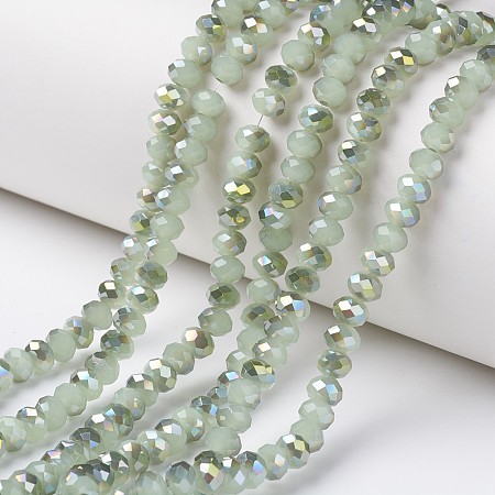 Honeyhandy Electroplate Glass Beads Strands, Imitation Jade Beads, Pearl Luster Plated, Half Green Plated, Faceted, Rondelle, Yellow Green, 4x3mm, Hole: 0.4mm, about 130pcs/strand, 16.54 inch(42cm)