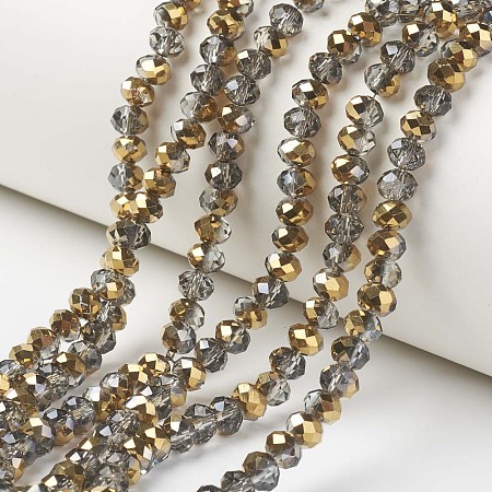 Honeyhandy Electroplate Transparent Glass Beads Strands, Half Golden Plated, Faceted, Rondelle, Goldenrod, 4x3mm, Hole: 0.4mm, about 130pcs/strand, 16.54 inch(42cm)