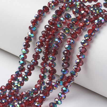 Honeyhandy Electroplate Transparent Glass Beads Strands, Half Multi-color Plated, Faceted, Rondelle, Dark Red, 8x6mm, Hole: 1mm, about 72pcs/strand, 16.14 inch(41cm)