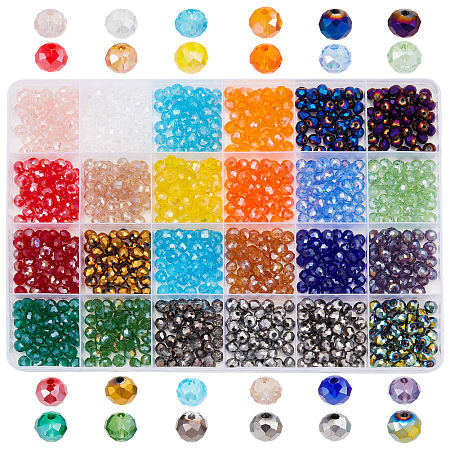 HOBBIESAY 1008Pcs 24 Colors Electroplate Glass Beads Strands, AB Color Plated & Transparent, Faceted, Rondelle, Mixed Color, 6x5mm, Hole: 1mm, 42Pcs/color