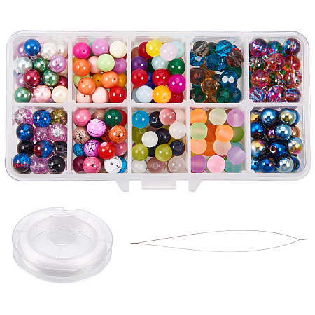 PandaHall Elite 1 Box (about 300pcs) 8mm 10 Type Crackle Lampwork Glass Round Beads Cat Eye Beads Spray Painted Transparent Beads with Elastic Wire Beading Needle for Jewelry Making