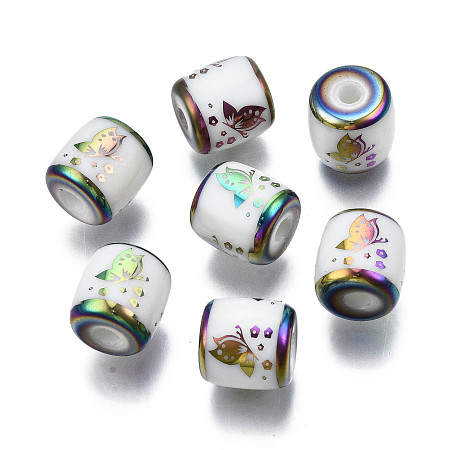 Honeyhandy Electroplate Glass Beads, Column with Butterfly Pattern, Colorful, 11.5x11.5mm, Hole: 2.5mm, about 100pcs/bag