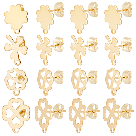 Beebeecraft 1 Box 80Pcs 4 Style Earring Stud Findings 24K Gold Plated Four Leaf Clover Ear Stud Component with Loops Spring Earring Component for Birthday Spring Anniversary Jewelry Making