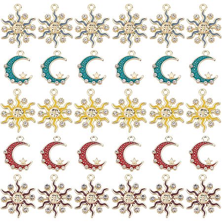 BENECREAT 30Pcs Sun and Moon with Star Alloy Enamel Pendants, 5 Style Light Gold Jewelry Making Charms with Crystal Rhinestone for DIY Crafting Making Supplies