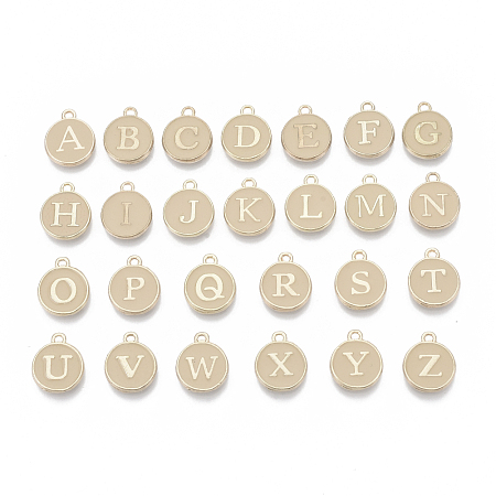Golden Plated Alloy Enamel Charms, Enamelled Sequins, Flat Round with Alphabet, Letter A~Z, Turquoise, PeachPuff, 14x12x2mm, Hole: 1.5mm; 26pcs/set