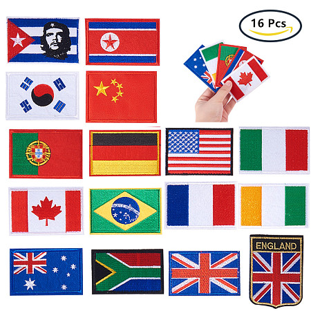 BENECREAT 16PCS Flag Theme Iron On Patches– Embroidered Patches Applique Motif Applique Kit Assorted Size Decoration Sew On Patches for Jackets, Backpacks, Jeans, Clothes