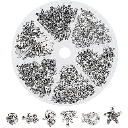 CHGCRAFT 120Pcs Ocean Theme Tibetan Alloy Beads Ocean Fish Charms Antique Seashell Marine Animal Charms Silver Mixed Starfish Turtle Spacers for DIY Bracelet Necklace Jewelry Making
