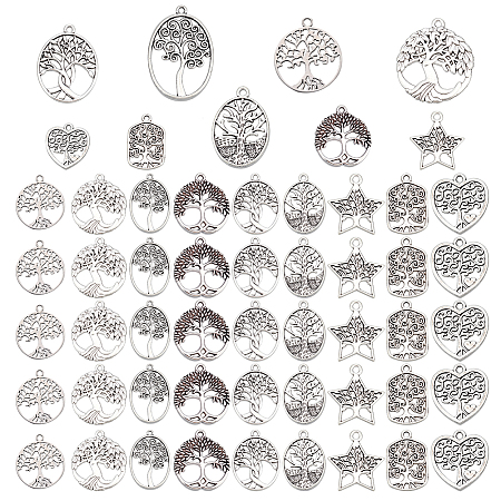 PandaHall Elite 54Pcs 9 Style Tibetan Style Alloy Pendants, Cadmium Free & Lead Free, Mixed Shapes with Tree of Life, Antique Silver, 18~40x14.5~30x1.2~2.5mm, Hole: 2.5~2.5mm, 6pcs/style