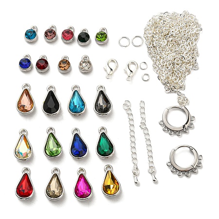 DIY Rhinestone Earring Pendant Necklace Making Kits, Including Brass Hoop & 304 Stainless Steel Stud Earring Findings, Brass Chains, Teardrop Alloy Pendant, Mixed Color