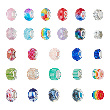 Nbeads Acrylic & Resin & Polymer Clay Rhinestone European Beads, Large Hole Beads, with Silver Color Core, Rondelle, Mixed Color, Beads: 13.5~14x8~10mm, Hole: 5mm, 54pcs/bag, 1 bag/box