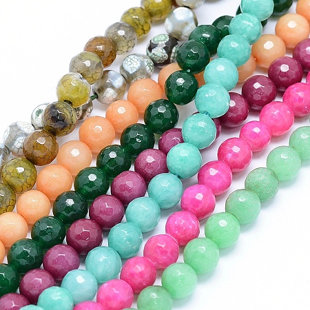 Honeyhandy Faceted Natural Agate and Dyed Jade Beads Strands, Round, Mixed Color, 8mm, Hole: 1.2mm, about 47pcs/strand, 15 inch(38cm)