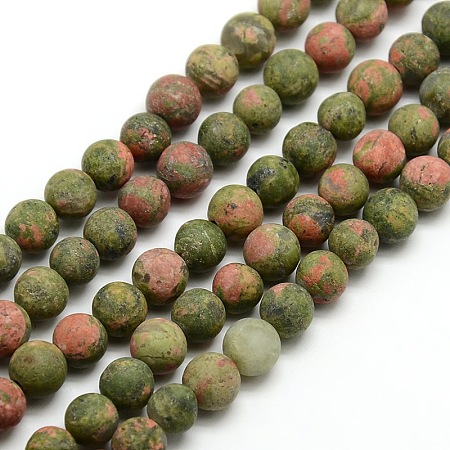 Honeyhandy Natural Frosted Unakite Round Bead Strands, 6mm, Hole: 1mm, about 63~65pcs/strand, 14.9~15.6 inch