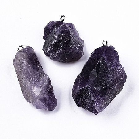 Honeyhandy Natural Amethyst Pendants, Rough Raw Stone, with 304 Stainless Steel Loops, Nuggets, Stainless Steel Color, 26~45x23~36x7~14mm, Hole: 2mm