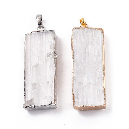 Honeyhandy Natural Selenite Big Pendants, Rectangle Charms, with Rack Plating Brass Findings, Mixed Color, 47~51x17~19x7~9mm, Hole: 8x5mm