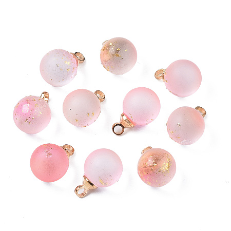 ARRICRAFT Two Tone Transparent Spray Painted Glass Pendants, with Light Gold Plated Brass Loop, Frosted, with Glitter Powder, Round, Pearl Pink, 12x8mm, Hole: 2mm