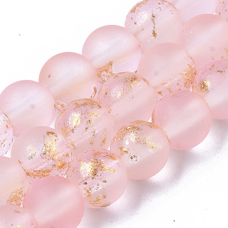 Honeyhandy Frosted Spray Painted Glass Beads Strands, with Golden Foil, Round, Pink, 6~7mm, Hole: 1.2~1.5mm, about 65~67pcs/Strand, 14.76 inch~15.12 inch(37.5~38.4cm)