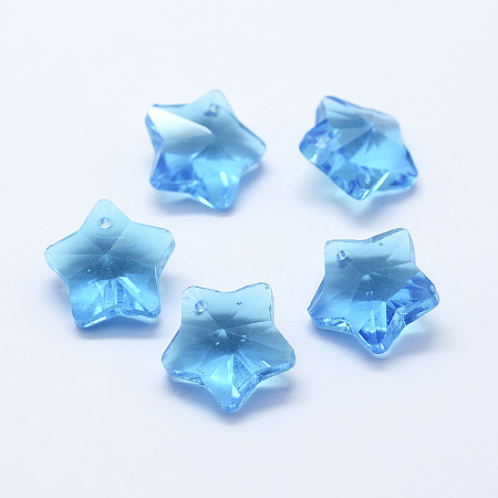 Honeyhandy Transparent Glass Pendants, Faceted, Star Charms, Sky Blue, 13x13.5x7mm, Hole: 1mm