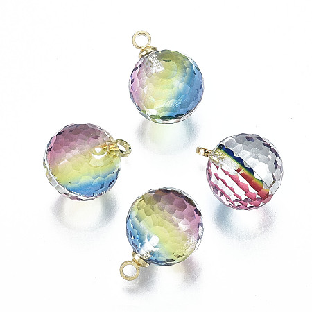 ARRICRAFT K9 Glass Pendants, Golf Ball Beads, with Golden Tone Brass Peg Bail, Faceted, Round, Colorful, 1/2x1/4 inch(12x8mm), Hole: 1.5mm