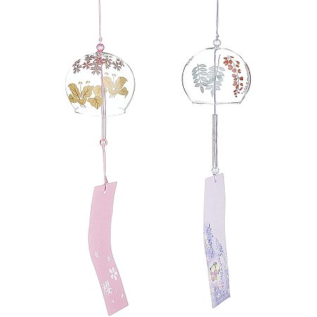 BENECREAT 2PCS Japanese Wind Chimes Pink & Purple Glass Wind Bells Handmade Pendants for Birthday Gift and Home Decors