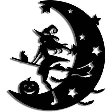 Arricraft Magic Wizard Moon Metal Wall Art Witch Flying Broom Black Metal Wall Decor Witch and Moon Pattern Hanging Elements for Bedroom Living Room Bathroom House Wall Decoration About 11.8x8.7inch