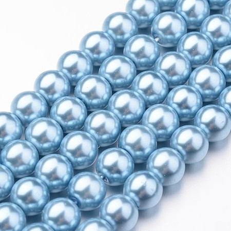 Honeyhandy Eco-Friendly Dyed Glass Pearl Round Bead Strands, Cotton Cord Threaded, Light Blue, 8mm, Hole: 1.2~1.5mm, about 52pcs/strand, 15 inch