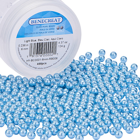 6 mm Environmental Dyed Pearlize Glass Pearl Round Bead for Jewelry Making with Bead Container Light Blue BENECREAT 400 Piece