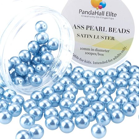 PandaHall Elite 10mm Light Blue Glass Pearl Tiny Satin Luster Round Loose Pearl Beads for Jewelry Making, about 100pcs/box