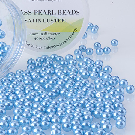 PandaHall Elite 6mm Light Blue Glass Pearls Tiny Satin Luster Round Loose Pearl Beads for Jewelry Making, about 400pcs/box