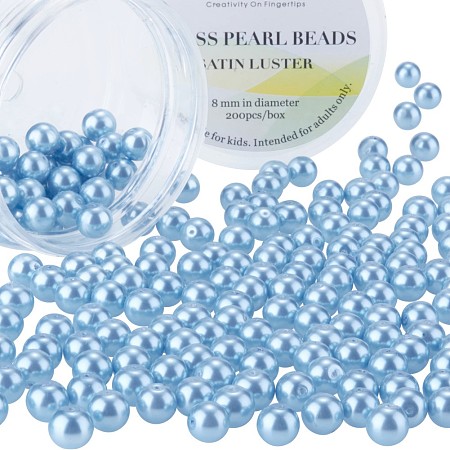 PandaHall Elite 8mm Light Blue Glass Pearls Tiny Satin Luster Round Loose Pearl Beads for Jewelry Making, about 200pcs/box