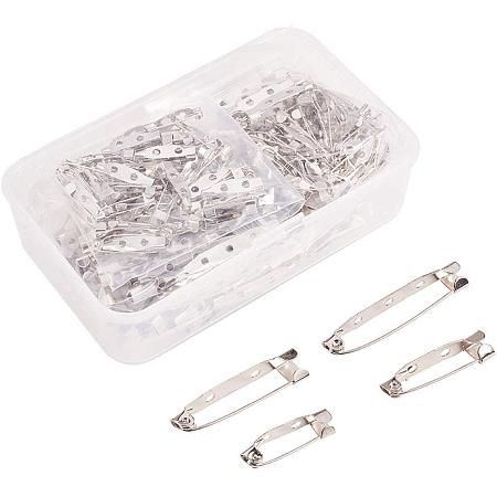 BENECREAT 200pcs 4 Size(20mm 25mm 32mm 38mm) Platinum Metal Double Hole Back Bar Pins with Plastic Box Safety Catch Back Pins for Jewelry Crafts