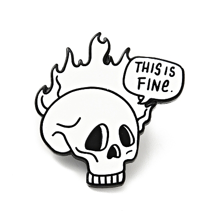 Honeyhandy Skull with Fire Halloween Enamel Pin, Word This Is Fine Alloy Badge for Backpack Clothes, Electrophoresis Black, White, 30x29x1.5mm