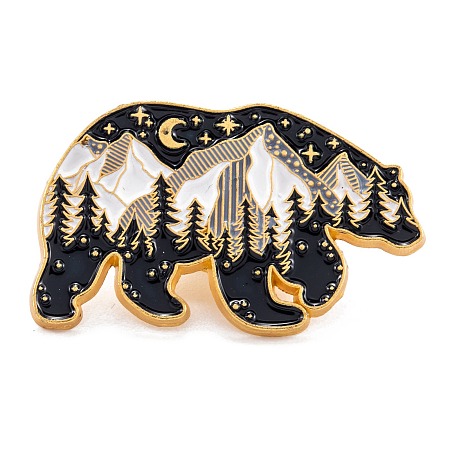 Honeyhandy Alloy Enamel Brooches, Enamel Pin, with Butterfly Clutches, Bear with Snow Mountain, Black, Golden, 17.5x28.5mm