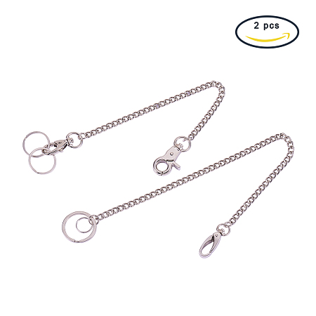 PandaHall Elite 2 Pack Alloy Heavy Duty Pocket Chain with Lobster Clasp Trigger Snap Hook and 2 Key Rings Length 8-12 Inches for Keys and Wallets Platinum