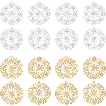 SUPERFINDINGS 50Pcs 2 Colors 1.1inch Flat Round Brass Hollow Filigree Charms Round Flower Filigree Connectors Charms Pendants Filigree Metal Embellishments for DIY Necklace Jewelry Making