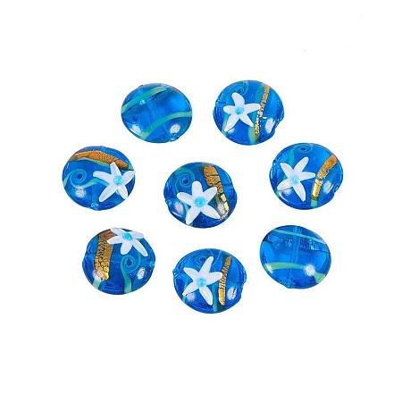 ARRICRAFT 1 Box(12pcs) Ocean Style Flat Round Handmade Lampwork Glass Beads Starfish Pattern DodgerBlue, 20~21x9~11mm, Hole: 2mm