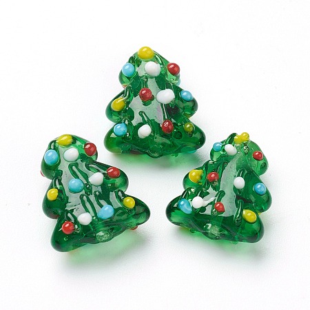 Honeyhandy Handmade Lampwork Beads, Christmas Tree, Bumpy, Green, 17~18x14.5~15x7.5~8mm, Hole: 2mm, about 20pcs/strand, 13.78''(35cm)
