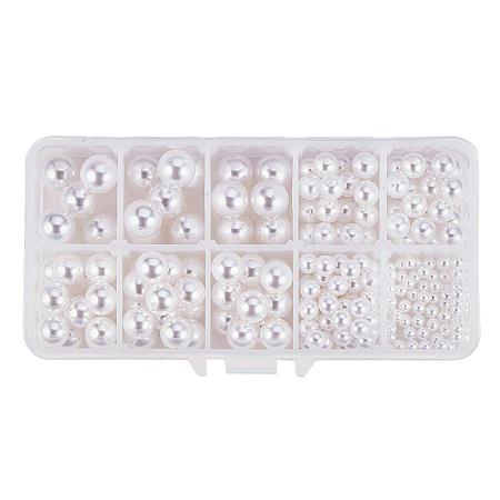 PandaHall Elite About 220 Pcs Plastic Pearl Beads Half Drilled Round Charms 4mm 6mm 8mm 10mm 12mm for Jewelry Making White