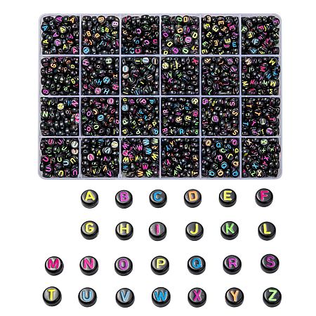 Opaque Black Acrylic Beads, Flat Round with Mixed Color Letter A~Z, Letter A~Z, 1728pcs/box