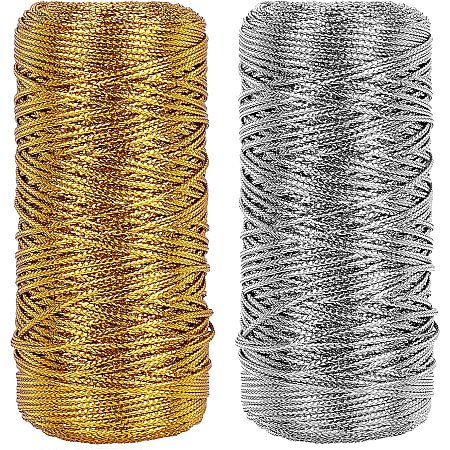 Pandahall Elite 218 Yard 1.5mm Gold and Silver Metallic Thread Cord Tinsel String Non-Stretch Sparkle Thread for Hanging Christmas Tree, Hair Braiding & Wrapping Gifts