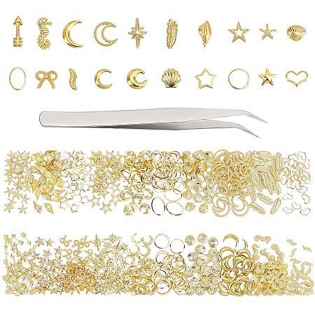 Arricraft About 600 Pcs Nail Art Cabochon Charms, Hollow Star Moon Nail Patchs with Stainless Steel Beading Tweezers, Nail Art Decoration Accessories for DIY Nail Art, Golden