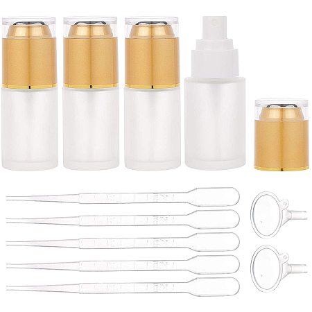 BENECREAT 5 Pack 30ml Frosted Glass Spray Bottles Fine Mist Travel Perfume Bottle with Gold Dust Cap, 5PCS Dropper and 5PCS Funnel for Perfumes Essentail Oil Cosmetic