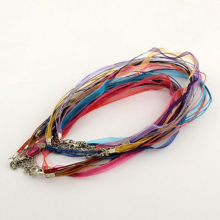 BEADTHOVEN Mixed Color Multi-strand Necklace Making with 3 Loops Wax Cord  Organza Ribbon With Zinc Alloy Lobster Claw Clasps and Iron Chains, 17.7