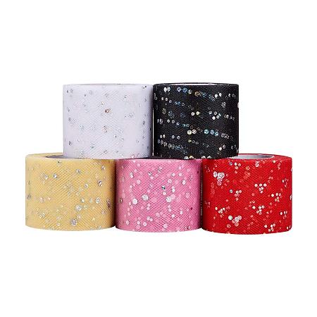 BENECREAT 125 Yards 2 Inch Sequin Tulle Roll Glitter Sequin Fabric Netting Tulle Roll for Head Flower Tutu Skirt Wedding Party Decorations (25Yards/Roll)-Conventional Color