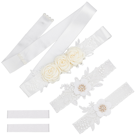 GORGECRAFT 3Pcs Wedding Garters Set Bridal Lace Floral Decorative Garter Suspenders Embroidered Beading Belts with Non-slip Sticker Leg Ring with Flower for Prom Wedding Party Accessories