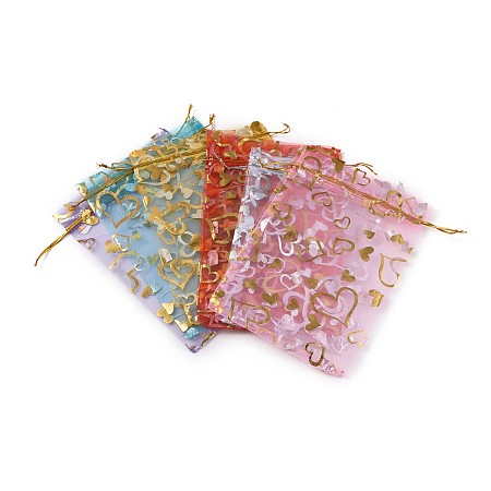 Heart Printed Organza Bags, Wedding Favour Bags, Gift Bags, Rectangle, Mixed Color, 18x13cm; 6colors, 5pcs/color, 30pcs/set